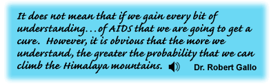 It does not mean that if we gain every bit of understanding...of AIDS that we are going to get a cure. However, it is obvious that the more we understand, the greater the probability that we can climb the Himalaya mountains. Dr. Robert Gallo -link to transcript