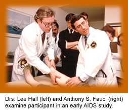 Drs. Lee Hall (left) and Anthony S. Fauci (right) examine participant in an early AIDS study.