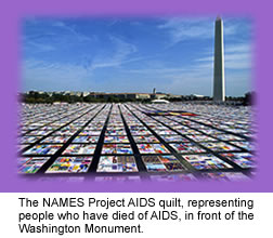 The NAMES Project AIDS quilt, representing people who have died of AIDS,in front of the Washington Monument.